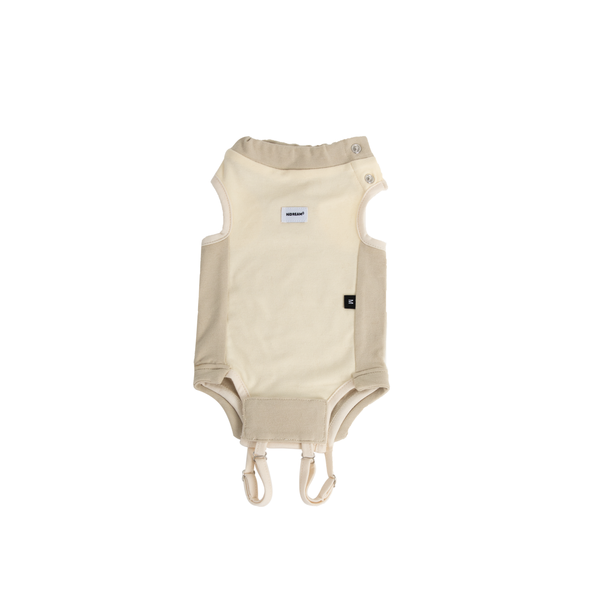 Cream cat surgical suit laid flat on a transparent background, showing breathable recovery bodysuit design with tail opening and secure closures.