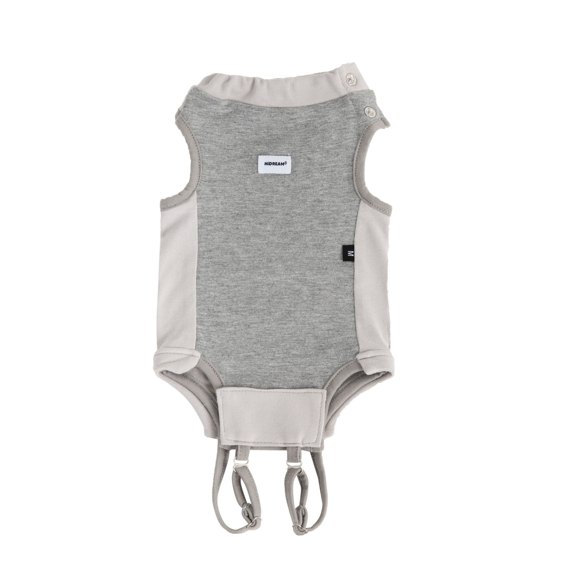 Grey cat recovery suit laid flat on a transparent background, showing post-surgery bodysuit shape, snap closure, and protective belly panel.
