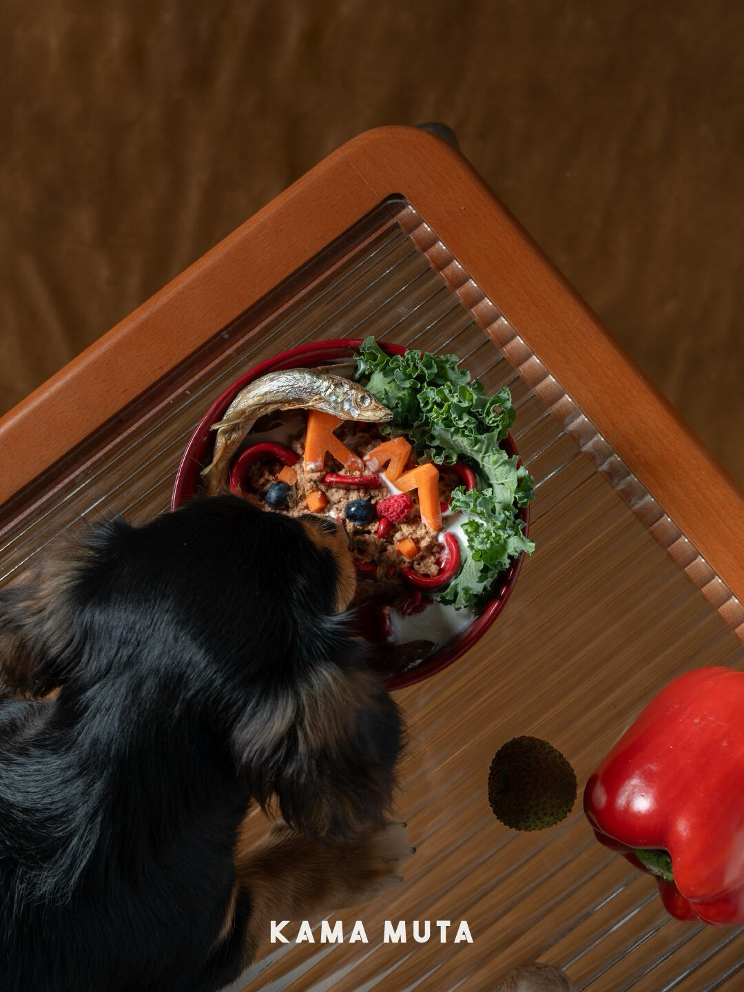Top view of a dog eating from a ceramic slow feeder bowl with raised internal columns to reduce gulping.