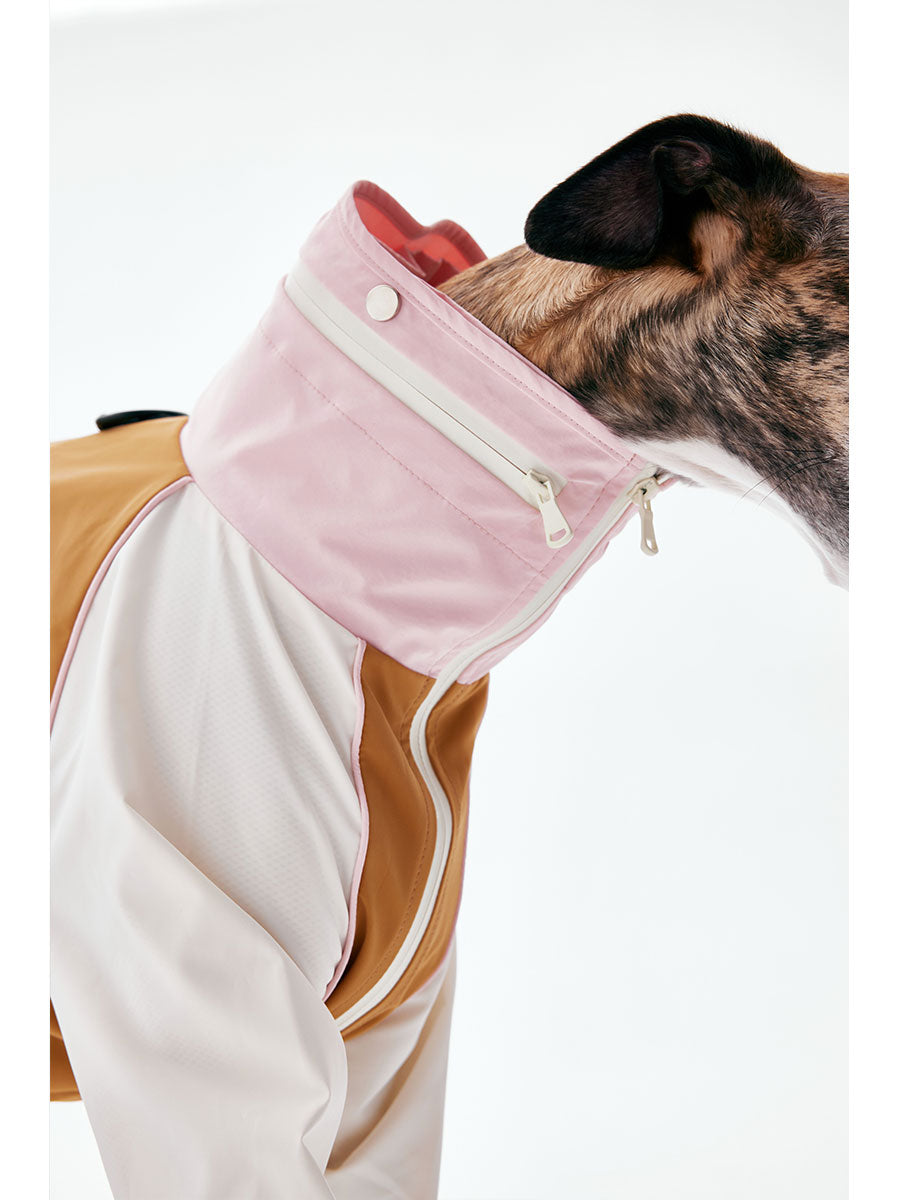 Color-block dog raincoat with a high neck design shown from the side