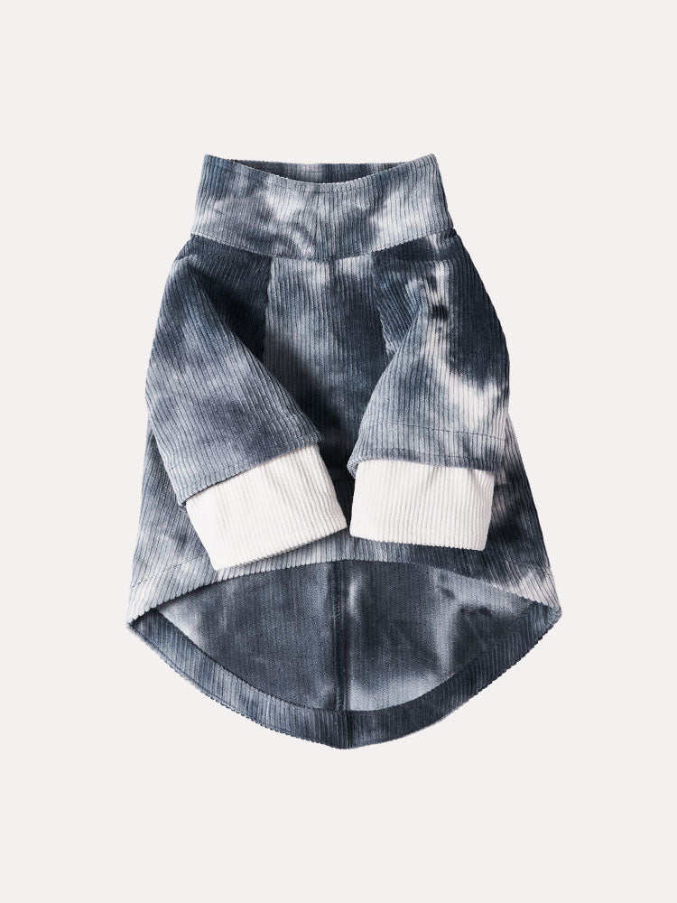 Full view of a corduroy dog sweater with high neck design and comfortable cut for everyday wear.