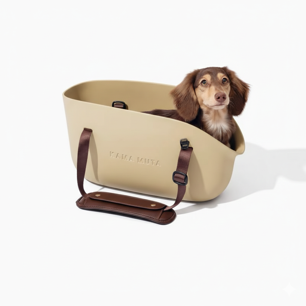 Yellow KAMA MUTA pet tote carrier bag with a dachshund inside, showcasing a breathable mesh design and sturdy handles.