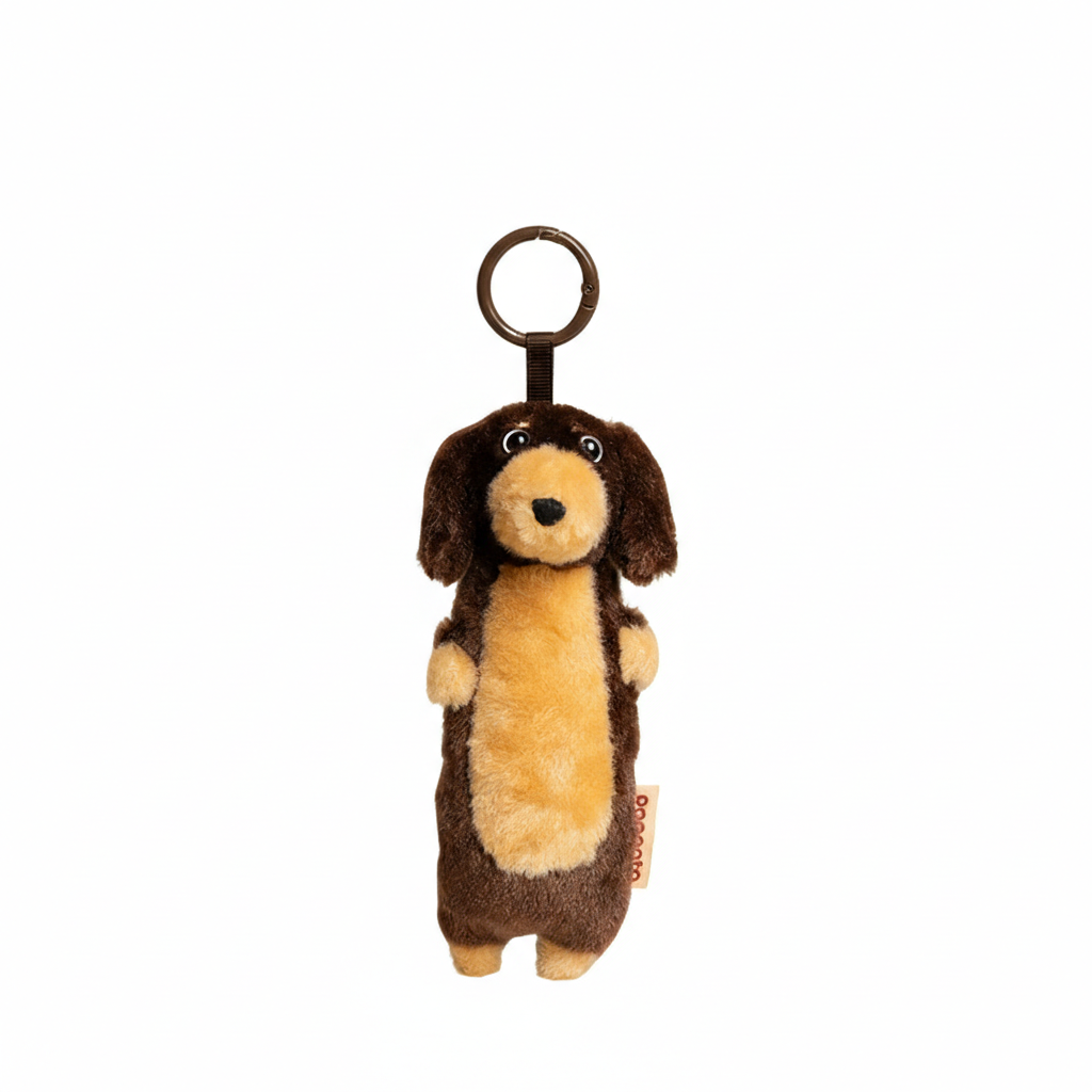 Soft chocolate-brown long-haired Dachshund plush keychain from paaaata with detailed features and a small metal clasp.