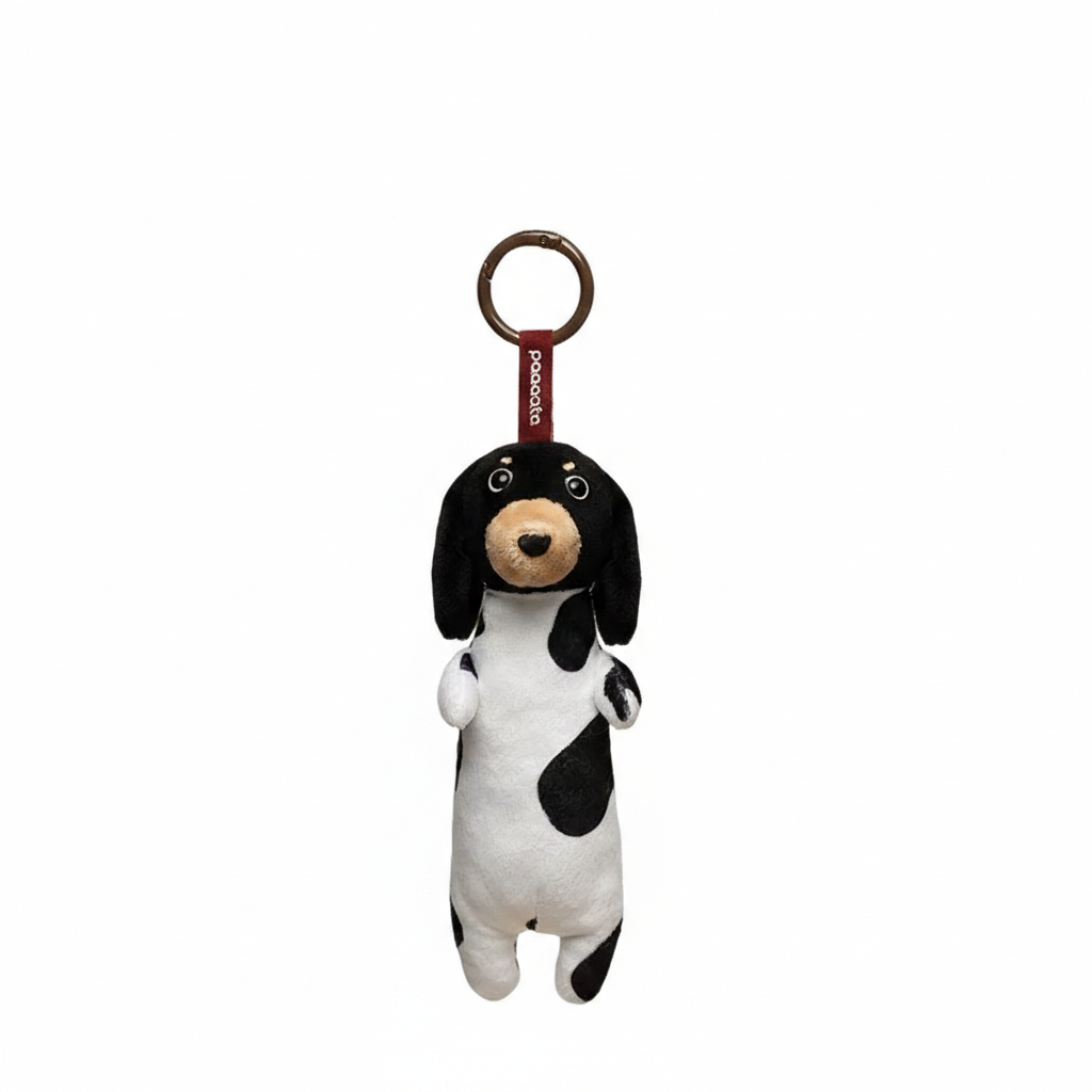 Soft plush dachshund keychain from paaaata featuring a short-haired, realistic design with detailed stitching and a metal keyring attachment.