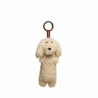 Cream white long-haired Dachshund plush keychain by paaaata with detailed features, perfect for attaching to keys or bags.