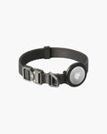 Dark gray dog collar featuring metal buckle, snap adjuster, and AirTag holder