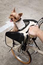 Top view of a small dog sitting in a dog bike carrier mounted on the front of a bicycle, showing the breathable mesh side panel and secure front-mount setup