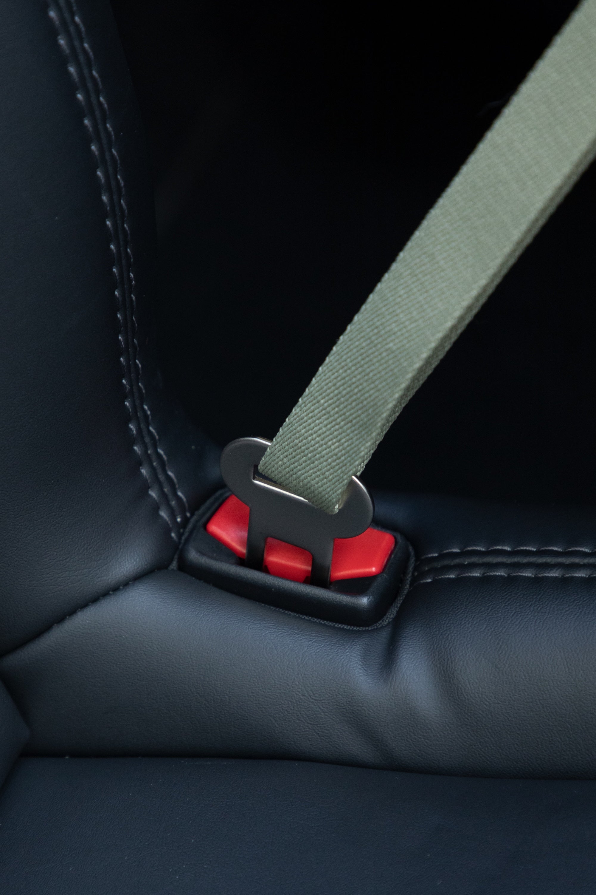 Close-up of a dog car seatbelt tether securely locked into a car seat belt buckle for stable in-car restraint.