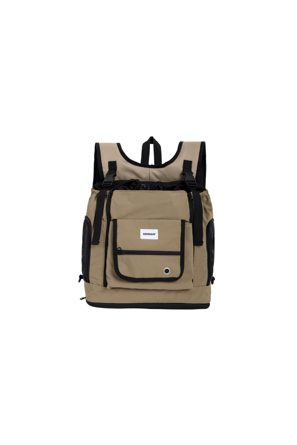 Front view of a dog front carrier bag in khaki color, shown on a transparent background with structured design and front pocket.