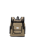 Front view of a dog front carrier bag in khaki color, shown on a transparent background with structured design and front pocket.