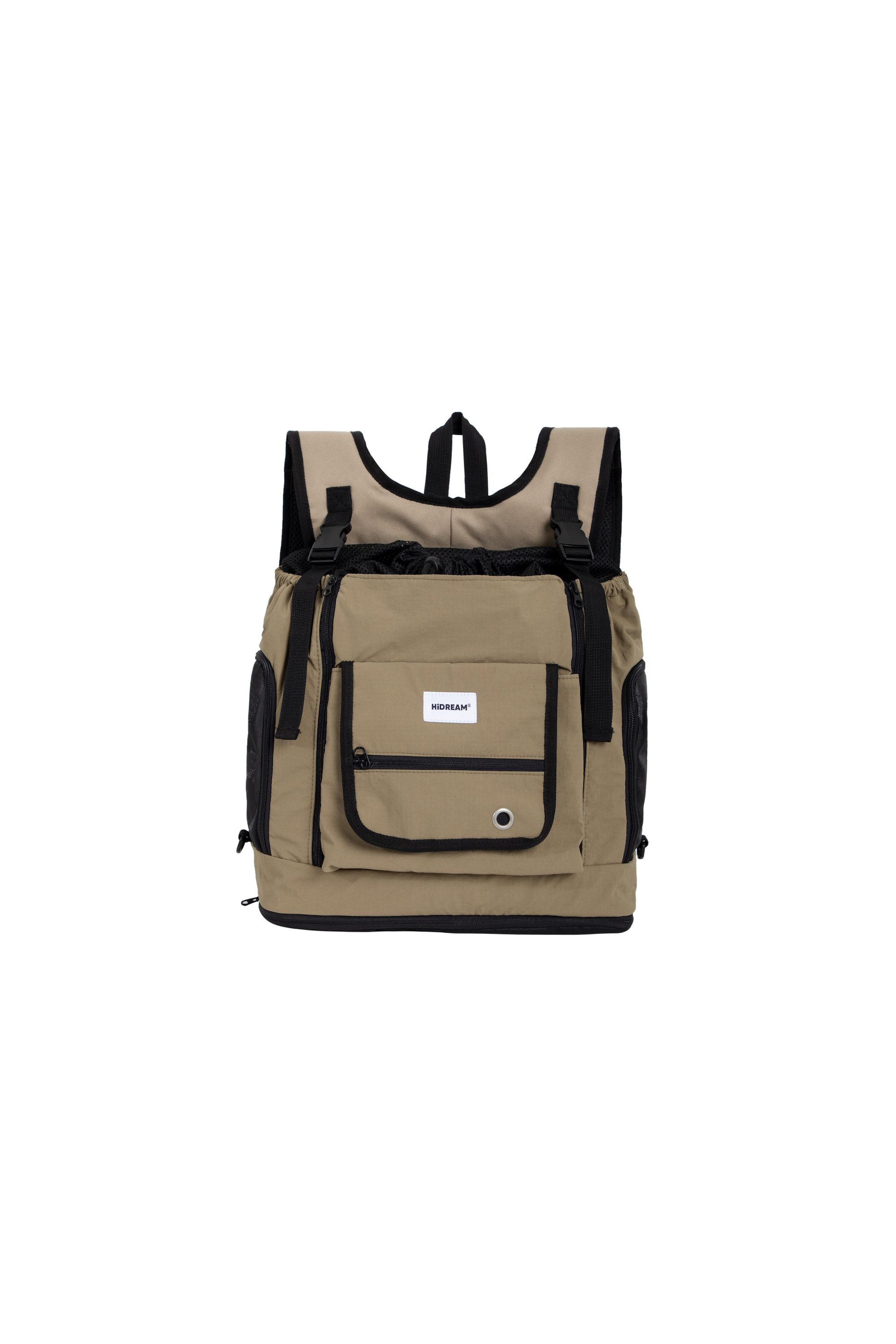 Front view of a dog front carrier bag in khaki color, shown on a transparent background with structured design and front pocket.