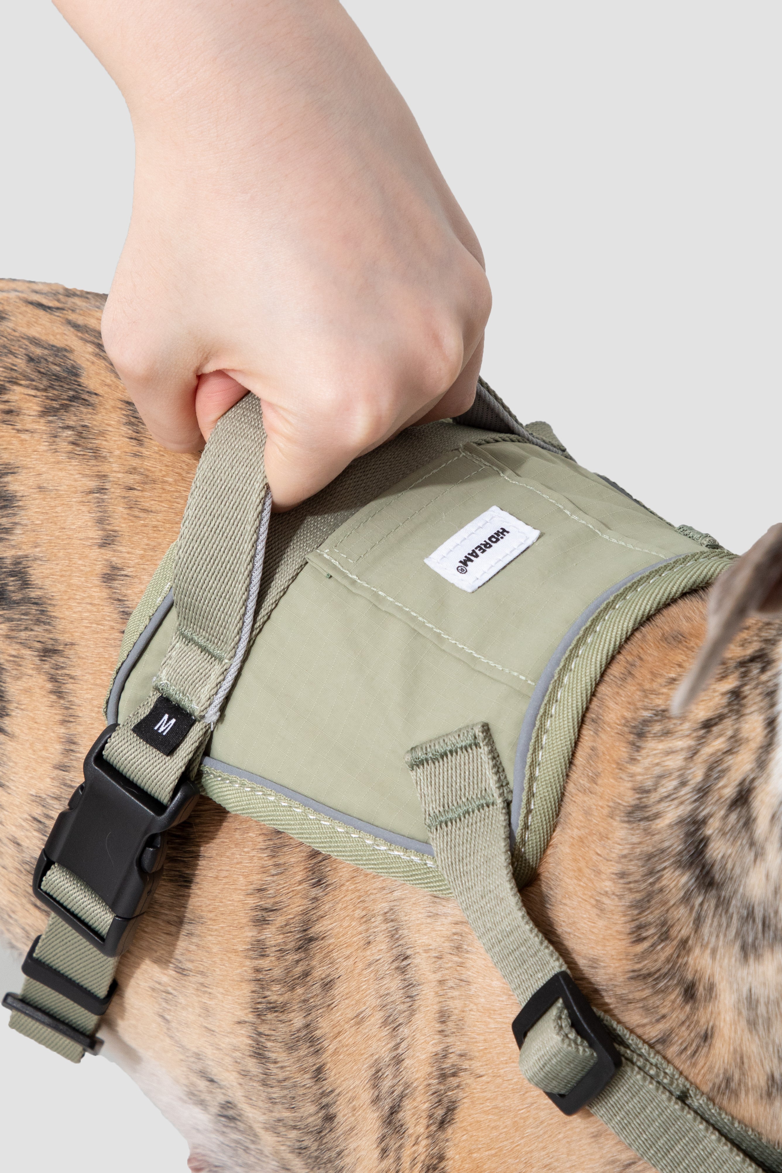 Close-up of the dog harness top handle and hidden tracker pocket area, showing the carry handle, reflective trim, and pocket opening for a pet tracker.