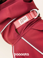 Close-up of a built-in collar opening on a red dog jacket, allowing the dog to wear a collar or harness comfortably underneath.
