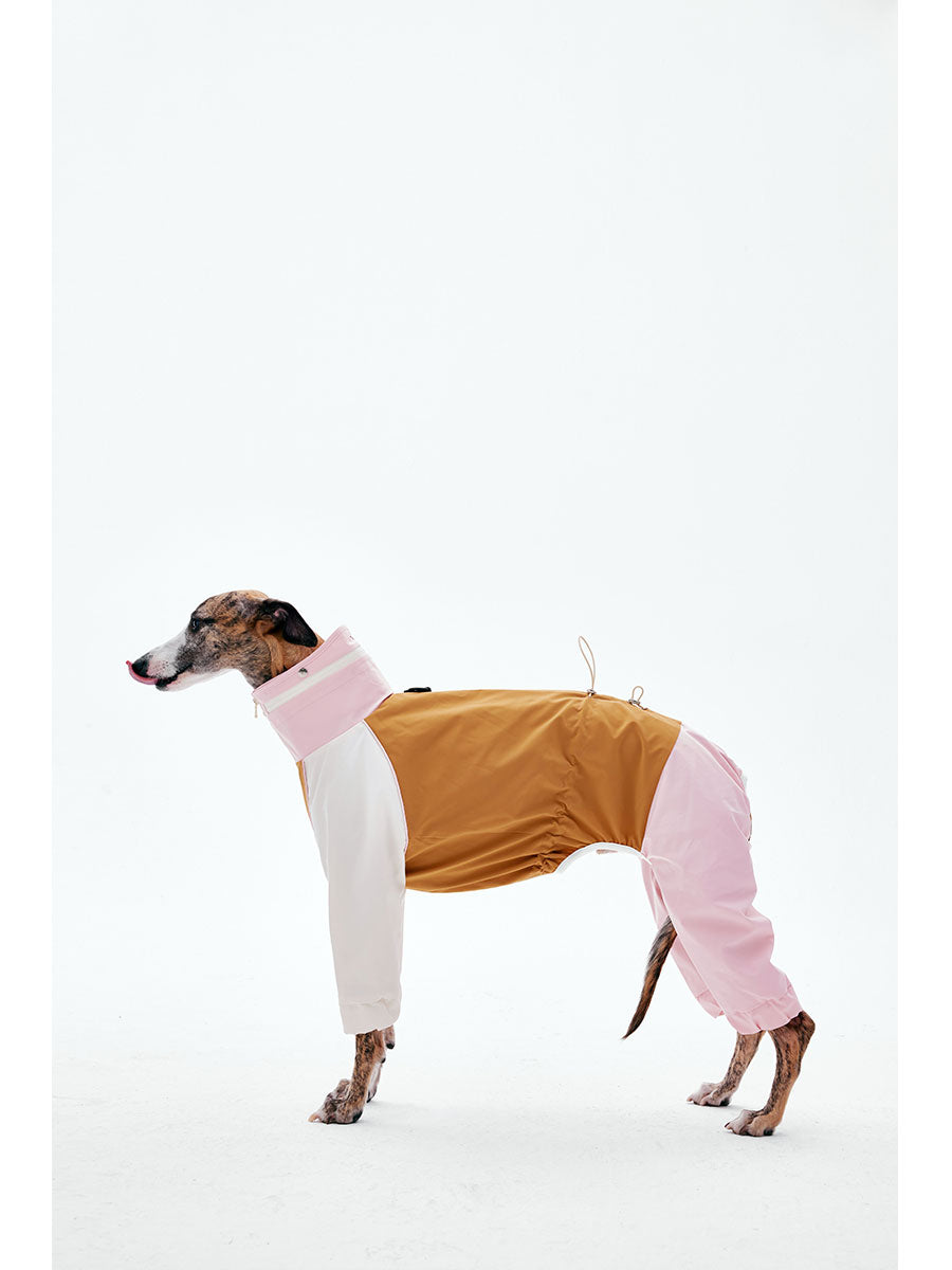 Side view of a dog rain suit highlighting the adjustable waist and four-leg construction