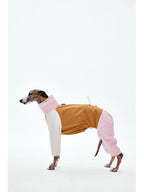 Side view of a dog rain suit highlighting the adjustable waist and four-leg construction