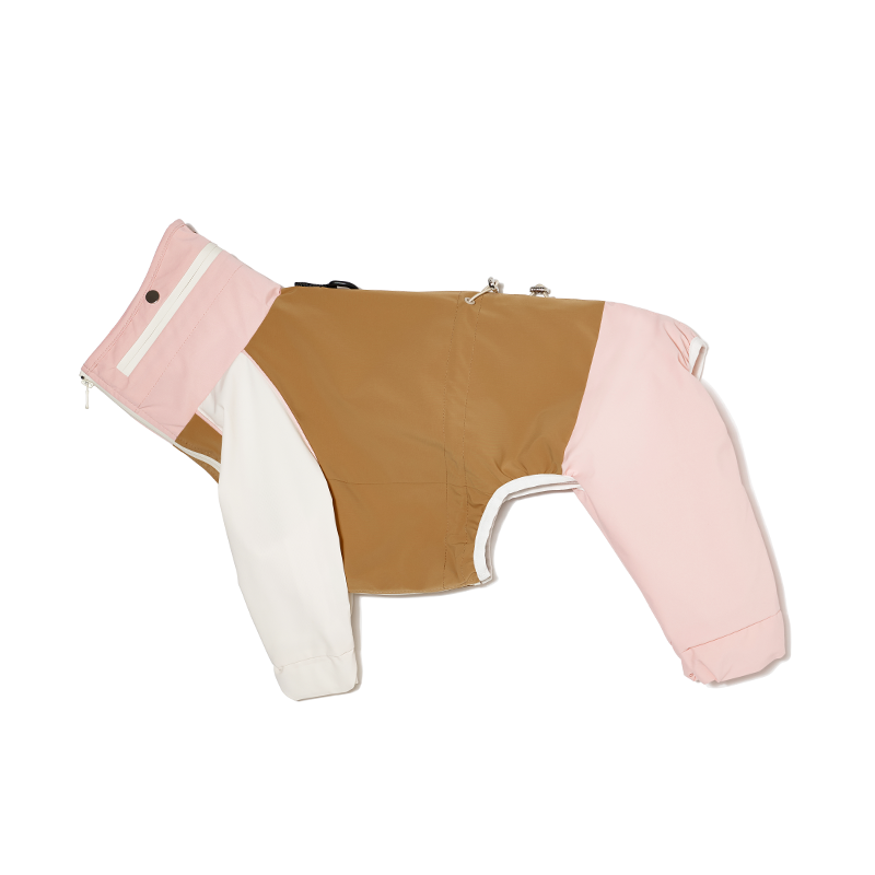 Flat lay of a four-leg dog raincoat in a pink colorway, showing overall structure and cut