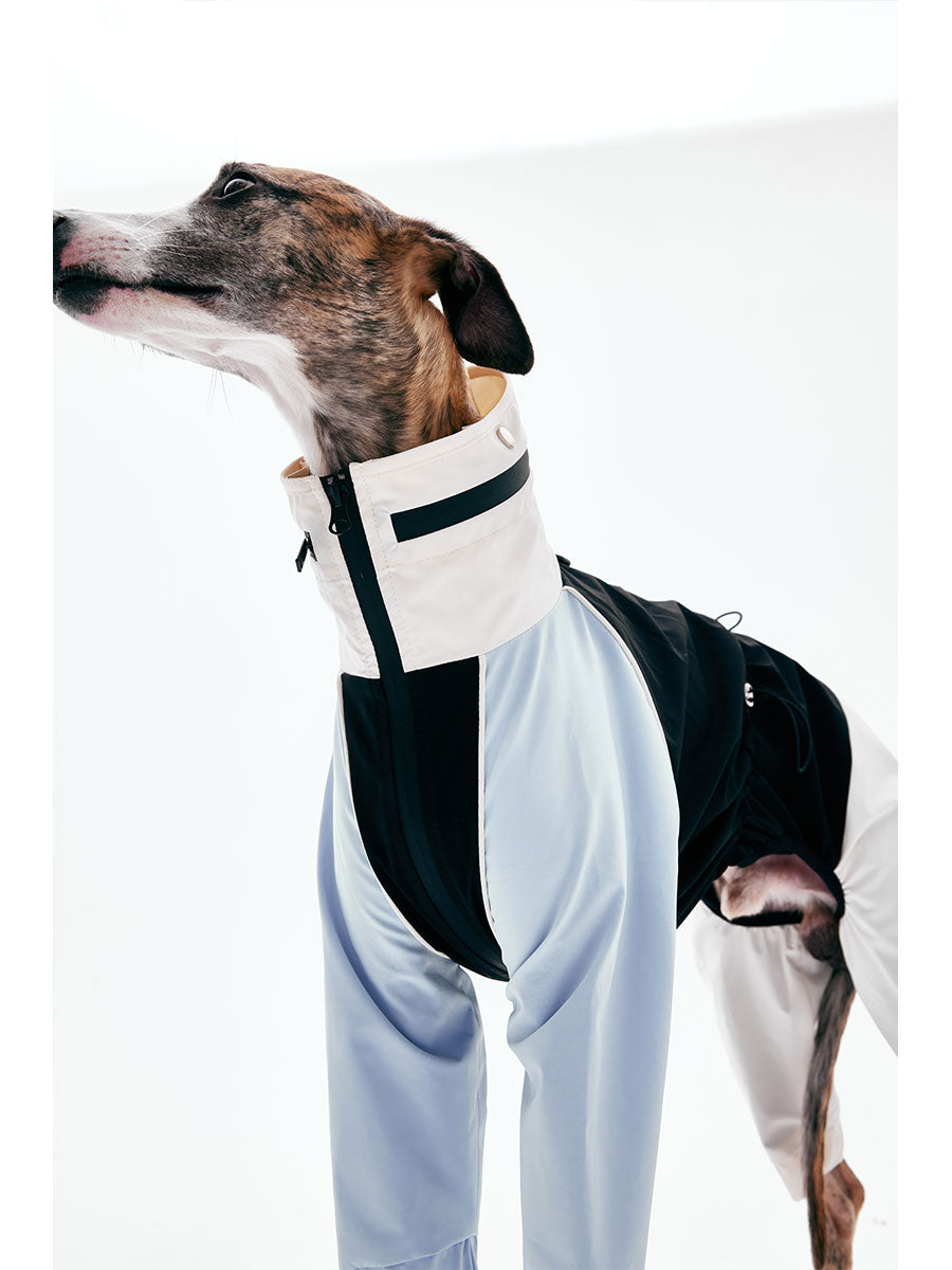 Side view of a dog raincoat highlighting the high neck design and front panel construction