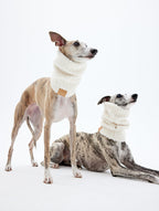 Minimalist sherpa dog scarf worn by greyhound and whippet, soft fleece neck warmer for winter