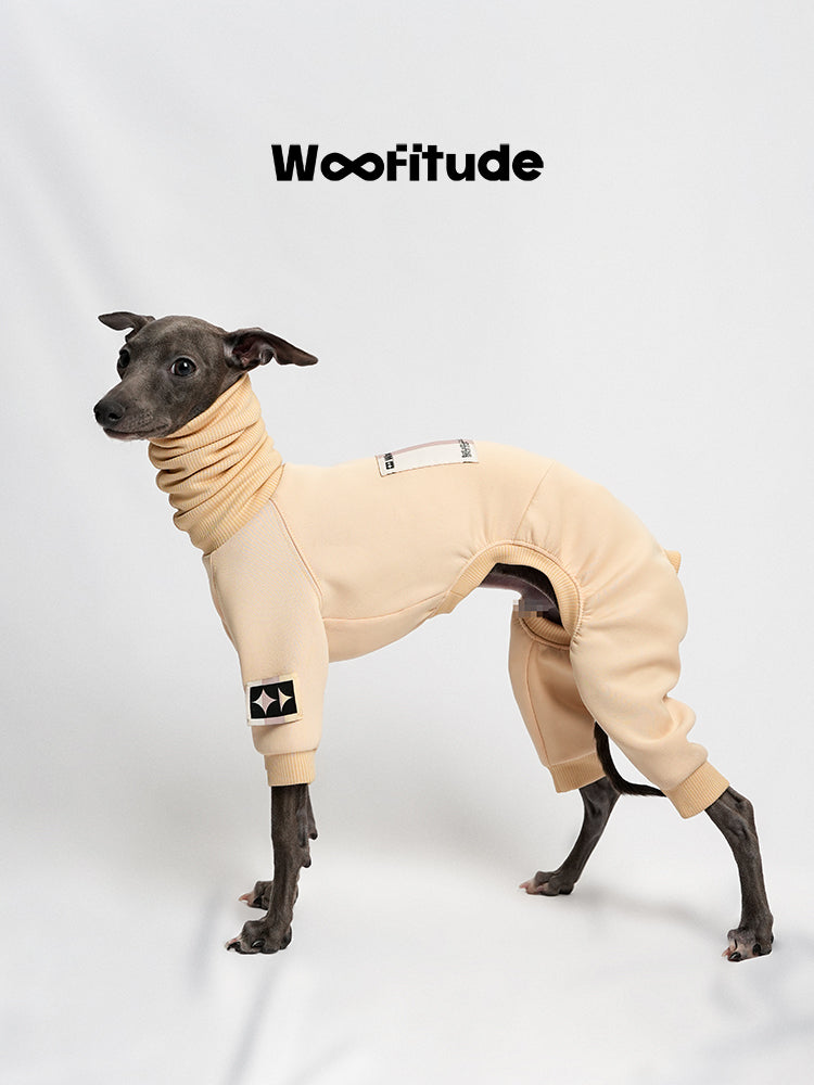 Beige dog suit shown in side view with four-leg design on a white background