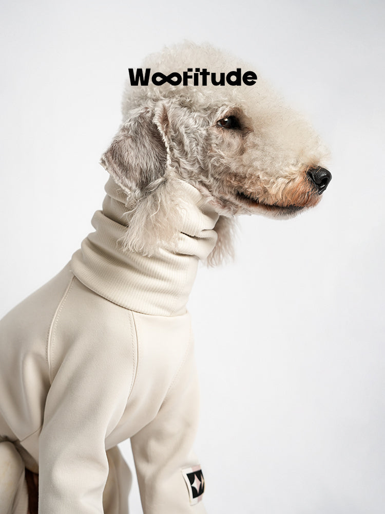 Dog suit turtleneck detail showing smooth fabric and high neck construction