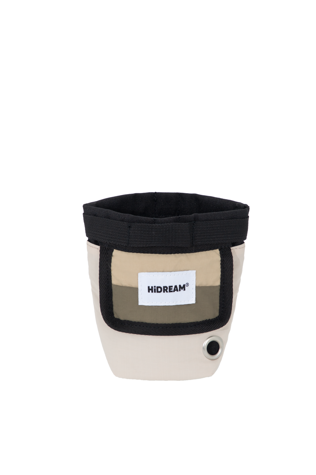 Front view flat lay of a beige dog treat pouch, showing the magnetic opening edge, front label panel, and bottom waste bag dispenser hole.