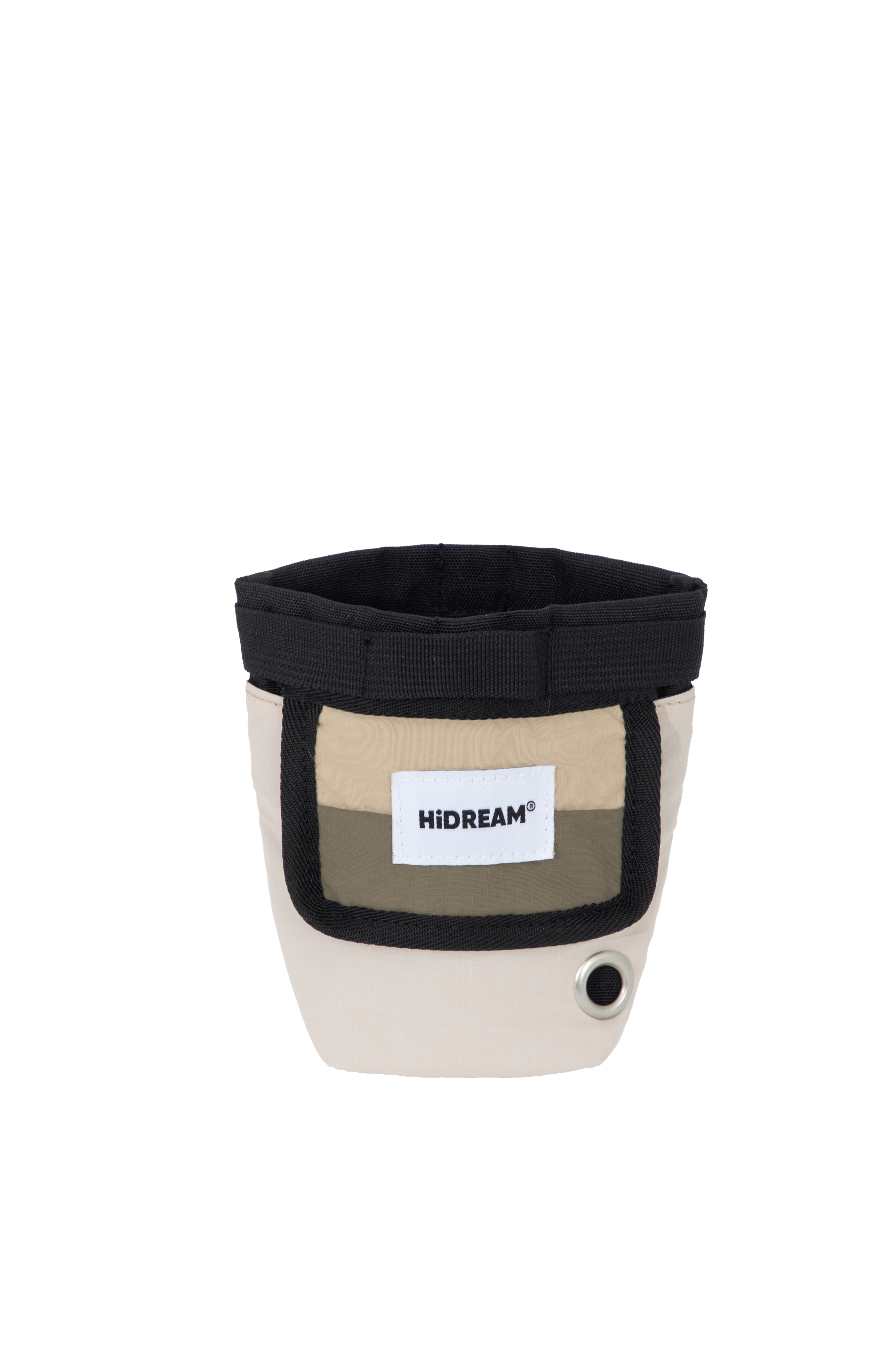 Front view flat lay of a beige dog treat pouch, showing the magnetic opening edge, front label panel, and bottom waste bag dispenser hole.