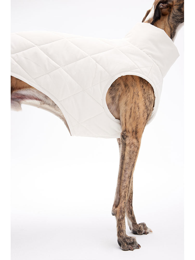 Detail view of the quilted panel construction on a sleeveless dog vest