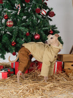 Dog standing on straw flooring wearing the cotton side of a reversible dog winter jacket, showing the full silhouette and tailored fit.