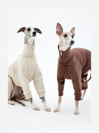 Dog winter jacket shown on dogs in sitting and standing positions to display overall fit