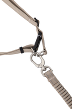 Close-up of the dog leash connection area with metal rings and a swivel clip, showing how the double-ended leash components are linked together.
