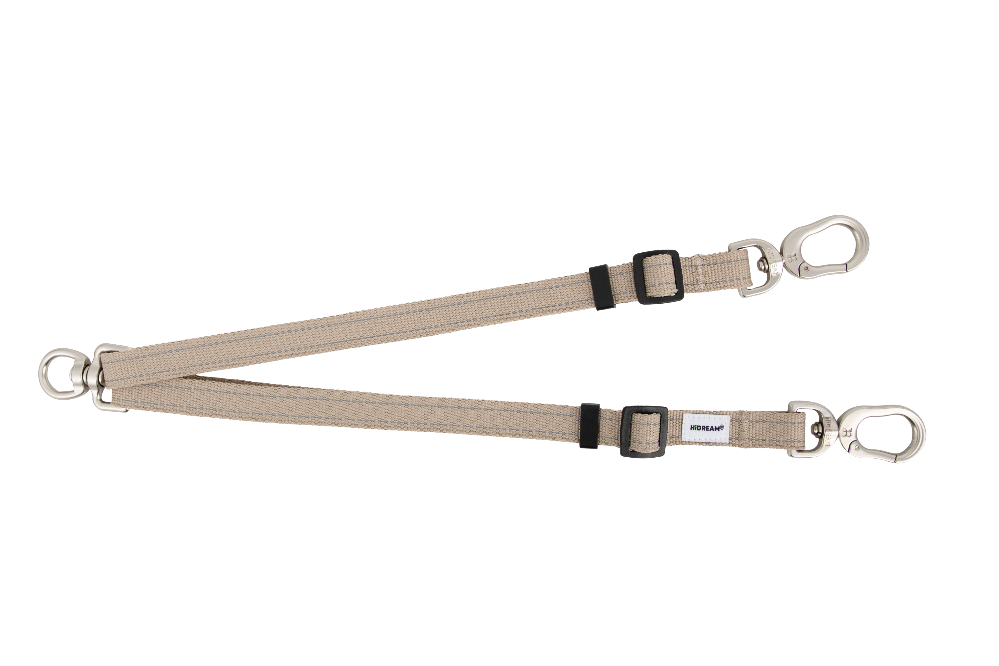 Flat lay of a double dog leash extension with Y-shaped design, adjustable webbing straps, and two metal swivel clips for multi-dog walking.
