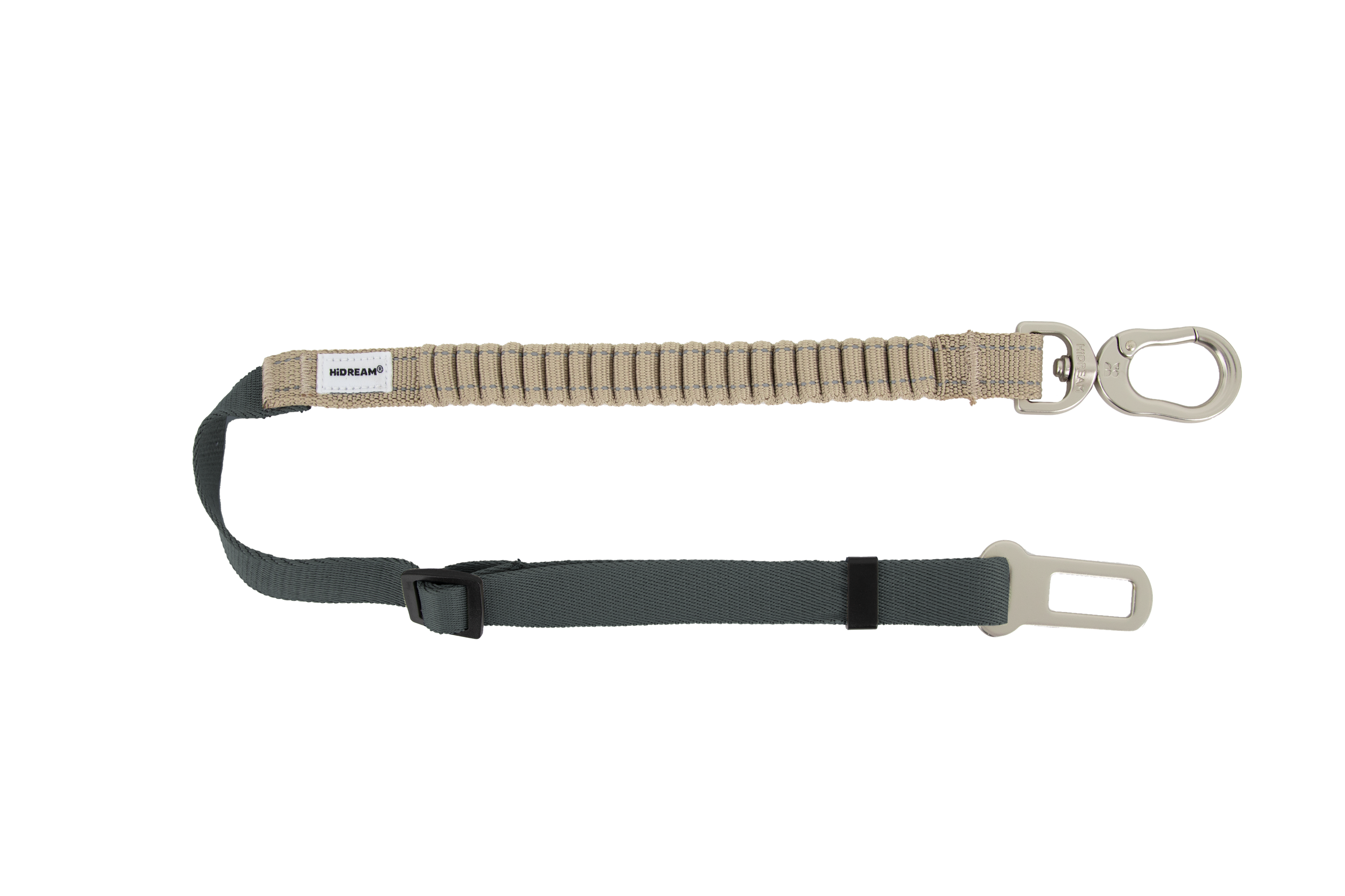 Elastic dog car safety tether featuring shock-absorbing webbing and durable hardware, shown on a transparent background.