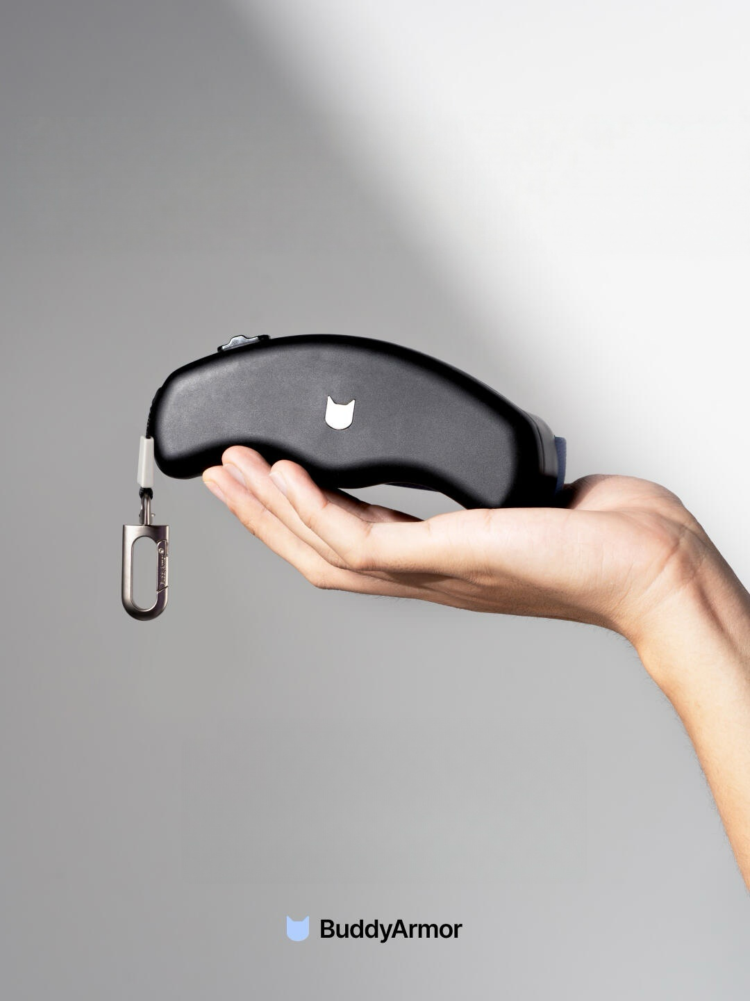 Black retractable dog leash resting on a person's open hand