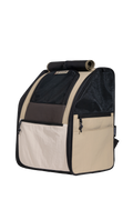 Front view flat lay of a beige expandable pet carrier backpack featuring mesh ventilation panels and zippered openings.
