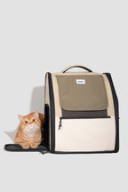 Expandable pet carrier backpack with a large side entry door opened, showing a cat at the opening and the easy in-and-out access design.