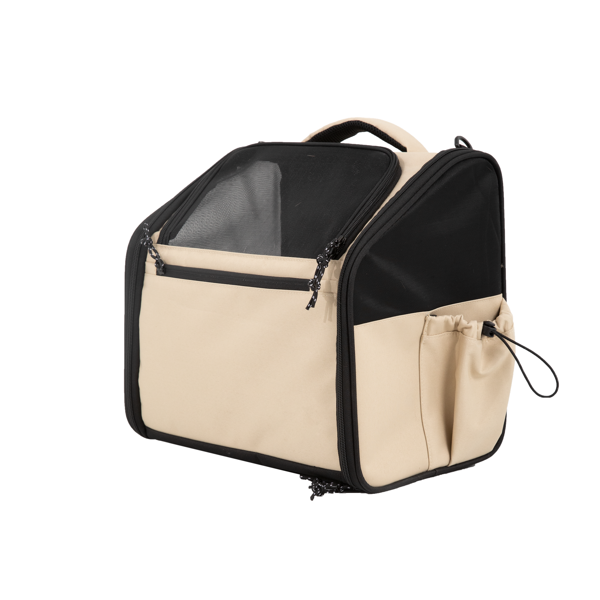 Standalone foldable pet bike bag with breathable mesh panels and a side drawstring pocket, shown without the bicycle.