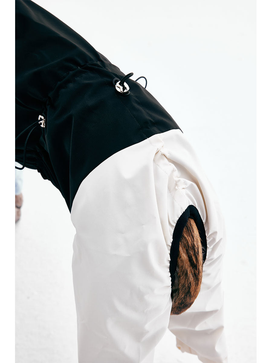 Back leg coverage detail of a four-leg dog rain suit designed for full-body protection