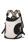 Beige front-facing cat carrier with breathable mesh side panels, structured bottom, and adjustable shoulder straps