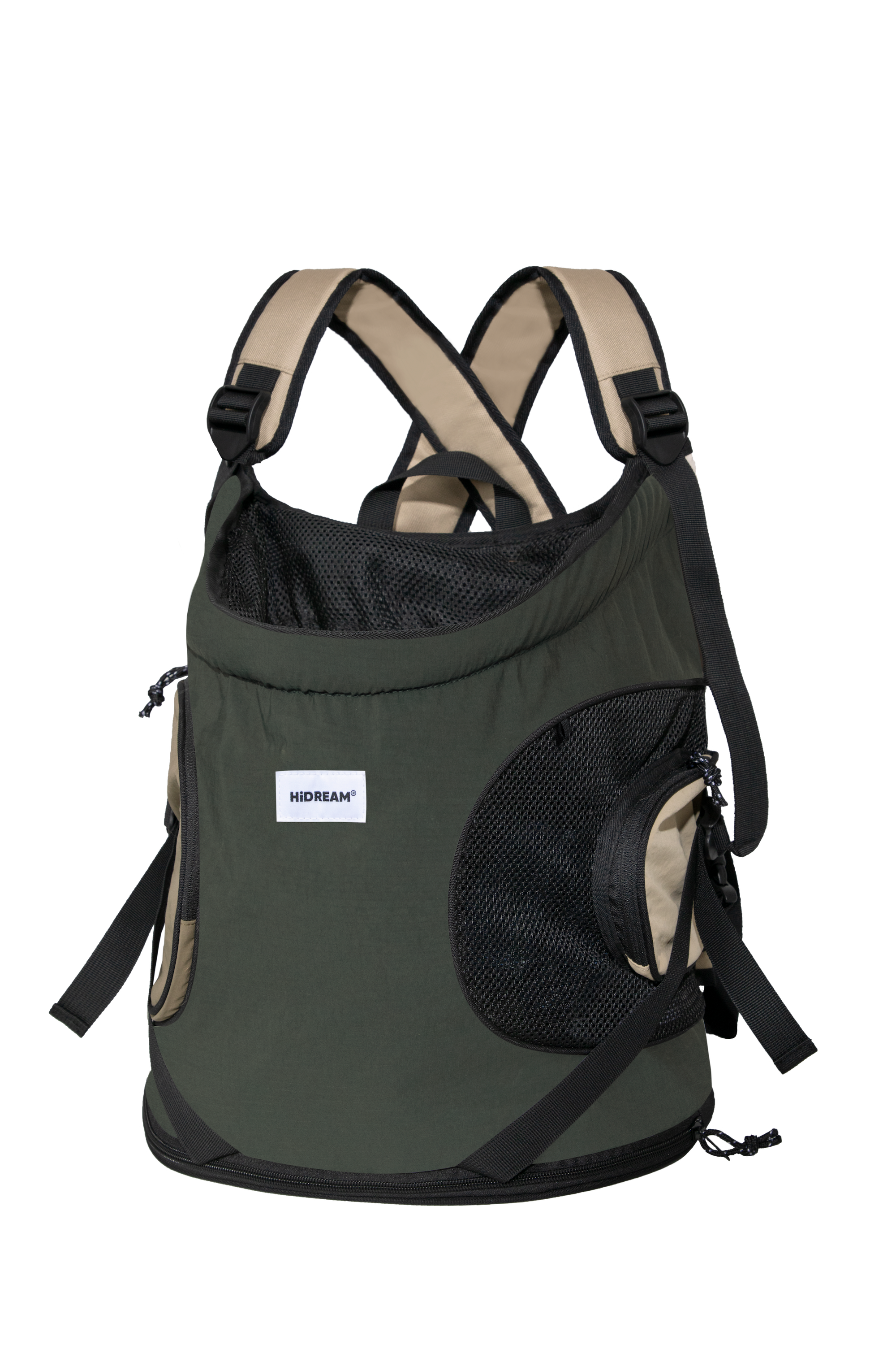 Dark green ergonomic front pet carrier with mesh ventilation, adjustable straps, and stable front carry design