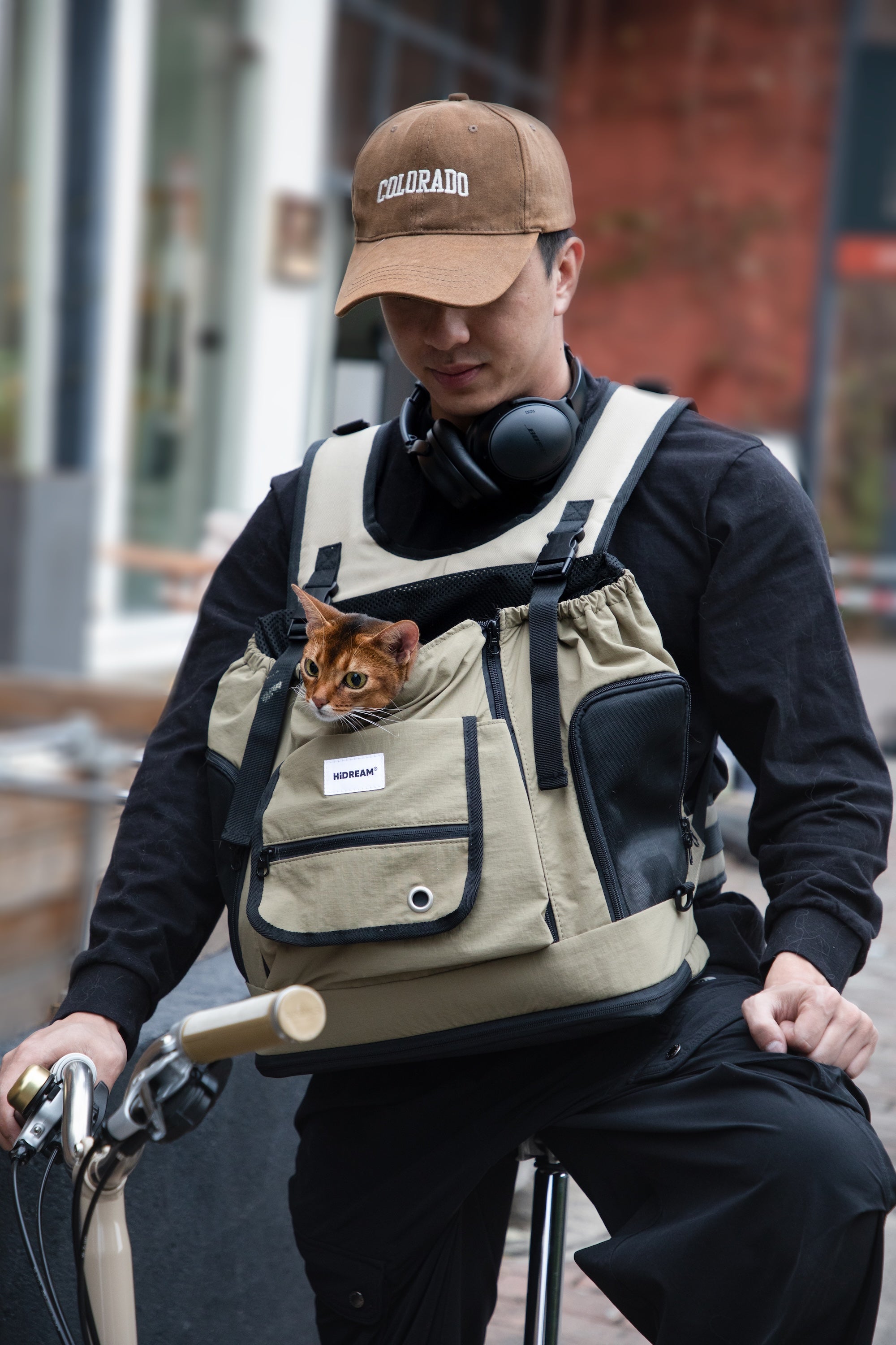Urban scene showing a front pet carrier worn while cycling, with a dog resting inside during outdoor travel.
