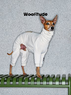 Full body dog suit in white with slim fit design for slender dogs