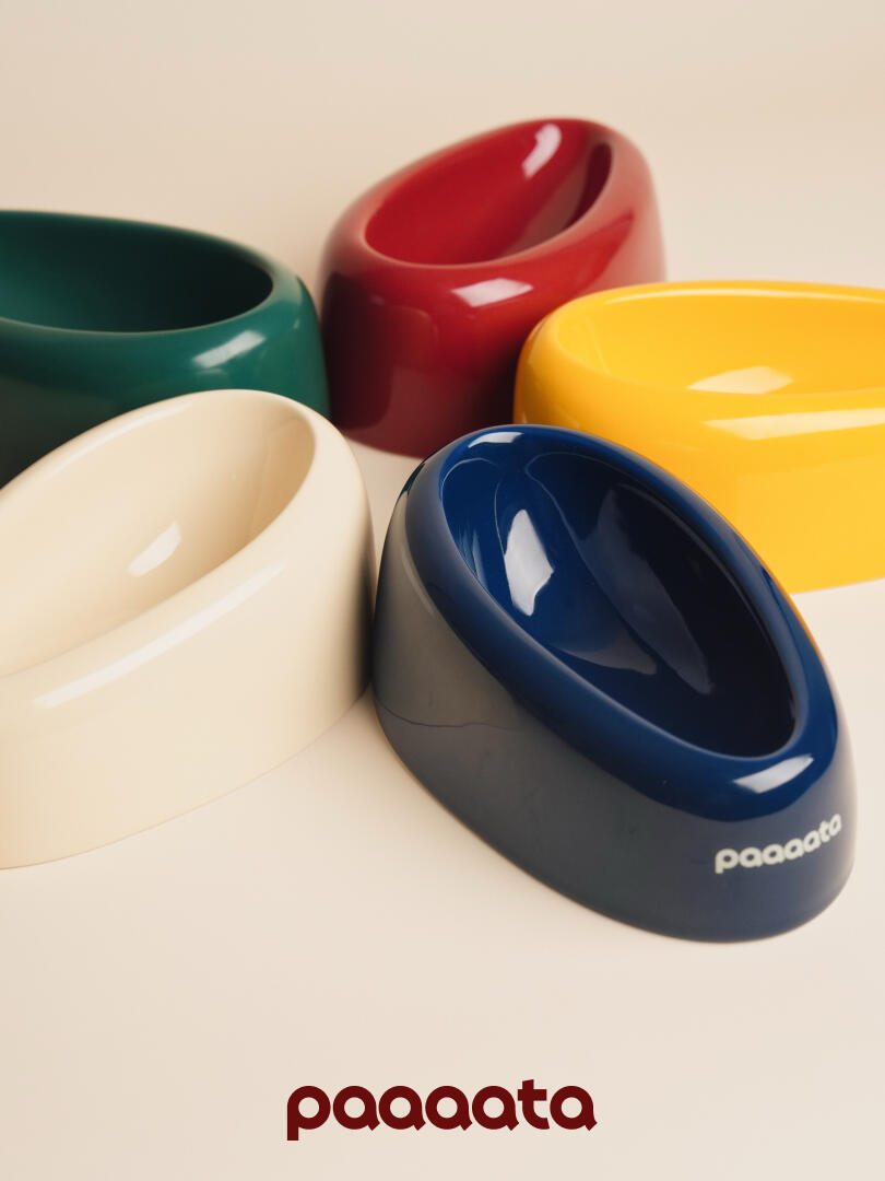Glazed ceramic tilted dog bowls in multiple colors designed for long-eared dog breeds