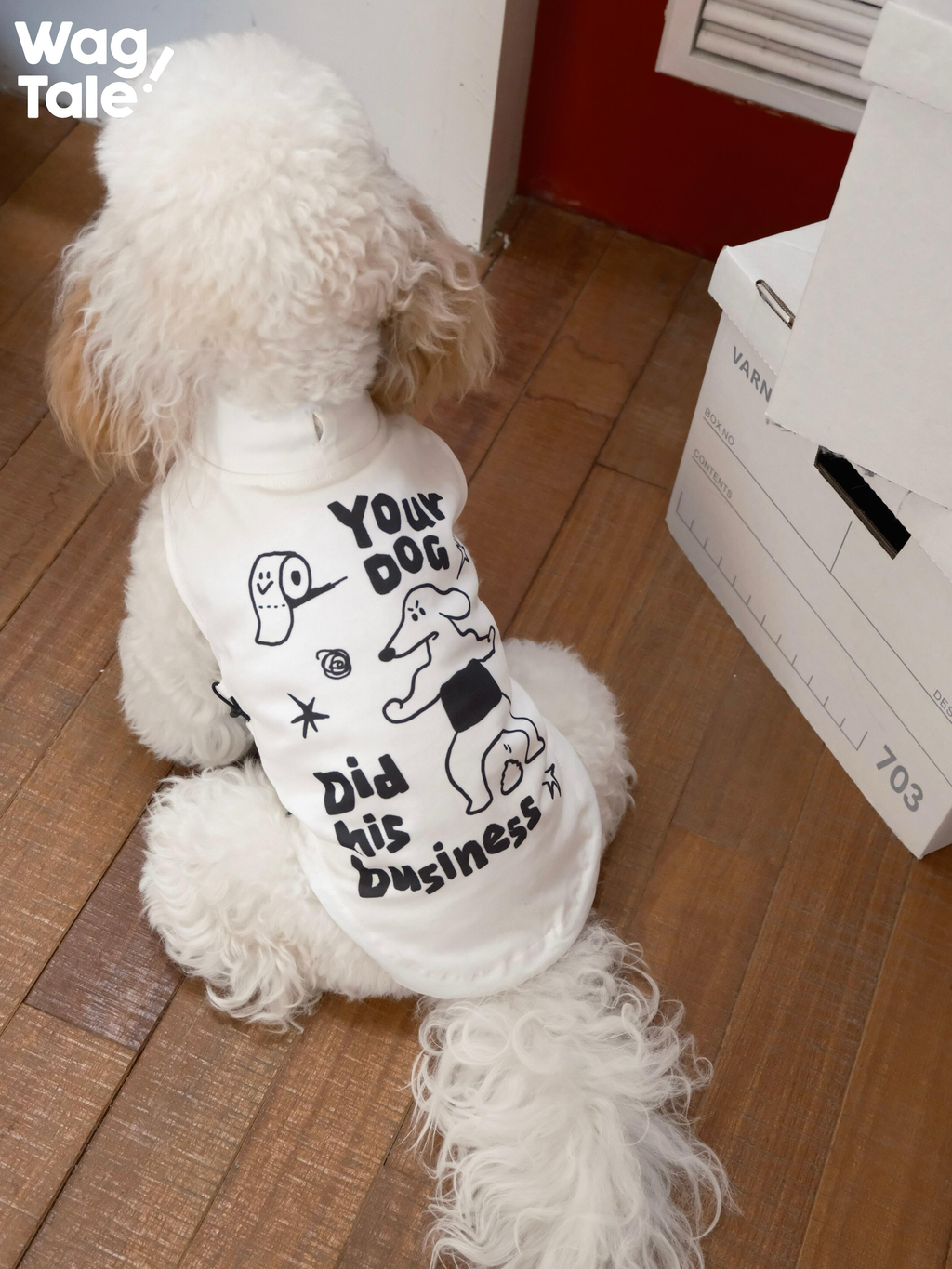 Back view of a dog wearing a white graphic cooling dog vest, showing playful illustration and text print designed for lightweight summer wear.