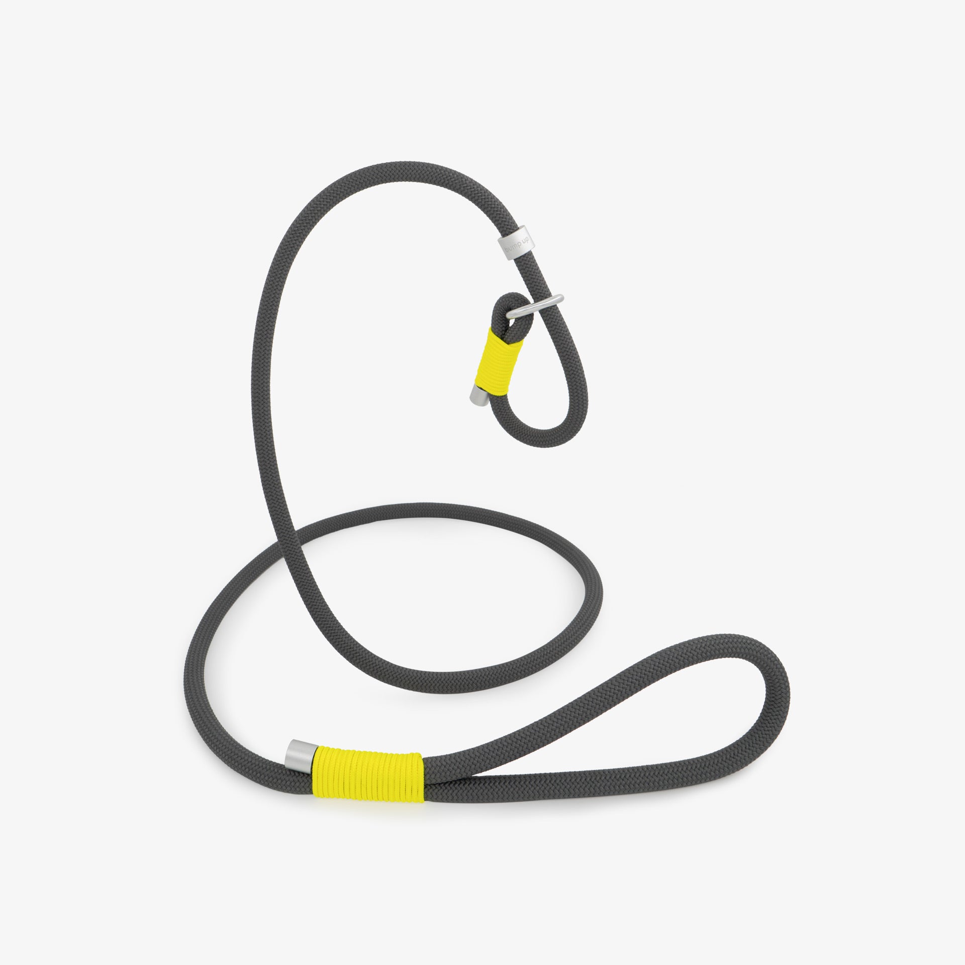 Gray braided rope dog leash with adjustable loop and contrast binding, shown in a clean studio setup.