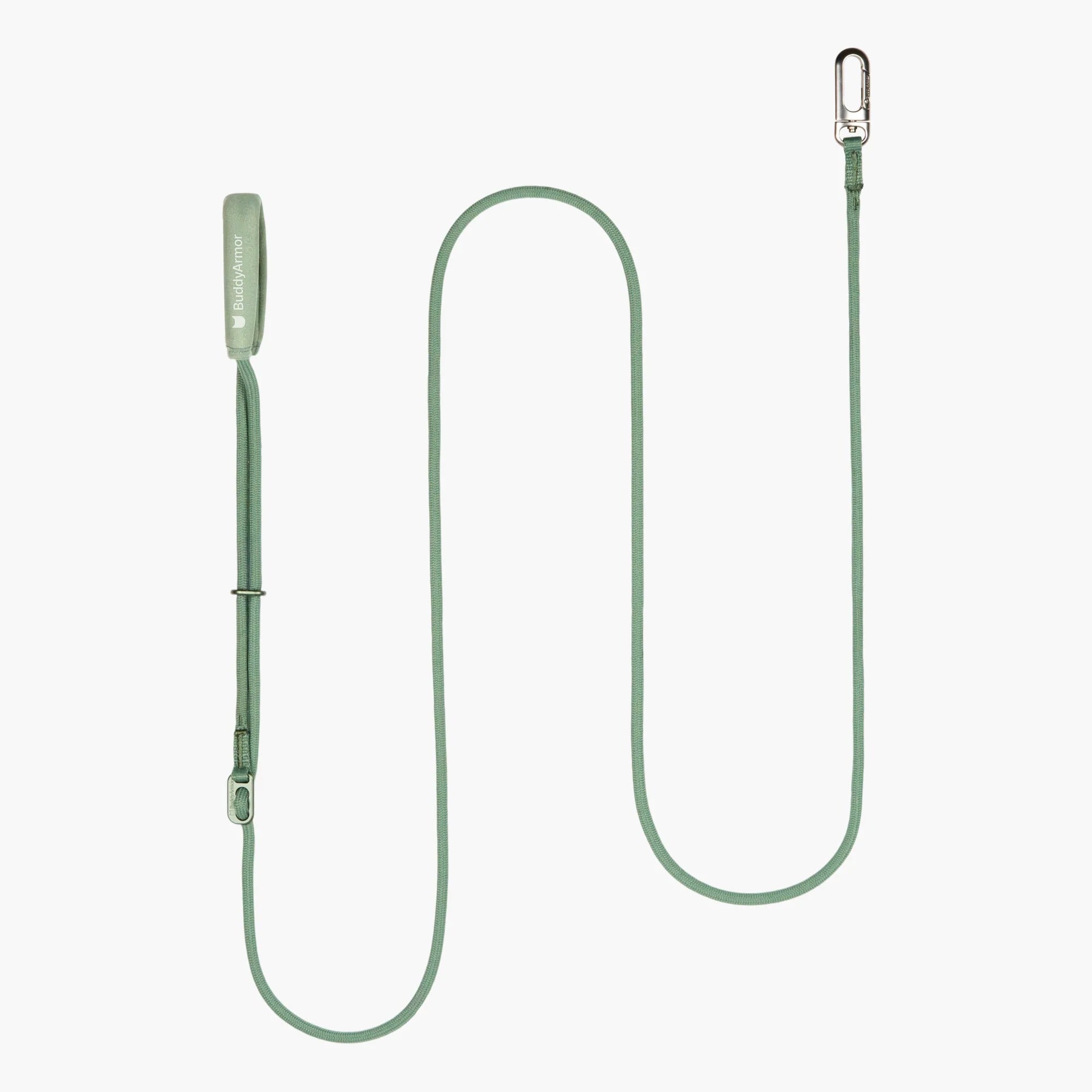 Green adjustable hands-free cat leash with padded handle and metal hook, laid flat on white background