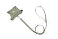 Flat lay of a green cat harness and matching green leash on a white background, showing the metal connection clip between the harness and leash.