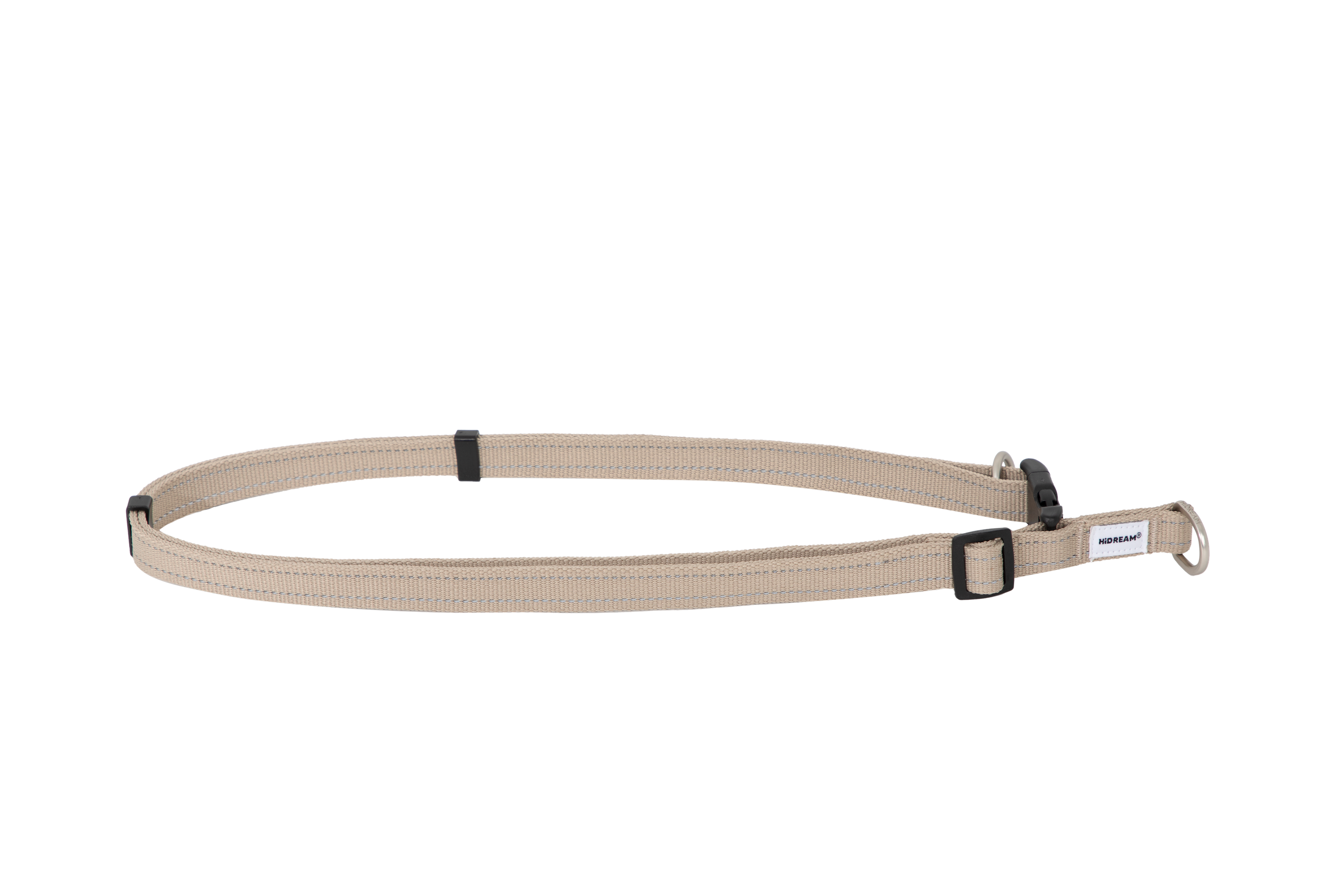 Flat lay of a hands-free dog leash extension designed for waist or shoulder wear, showing adjustable nylon webbing, slider buckles, and metal ring attachment.
