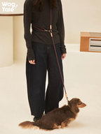 Hands-free dog leash worn around the waist, showing adjustable length and lightweight rope design while walking a small brown dog indoors.