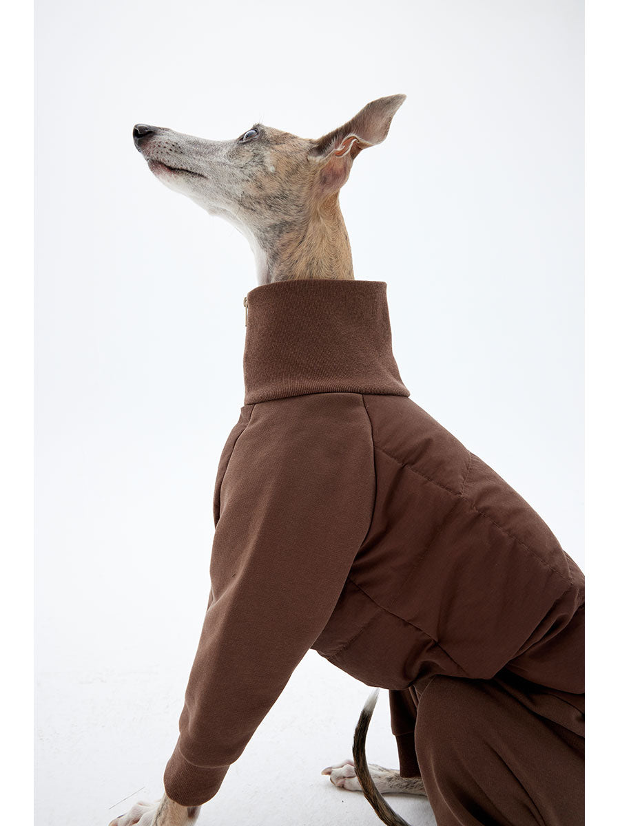 Side view of a brown dog winter jacket highlighting the high neck design