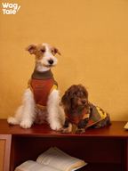 Two dogs sitting side by side wearing high-neck knitted dog sweaters with vintage leather patch details, designed for warmth and comfortable daily use.